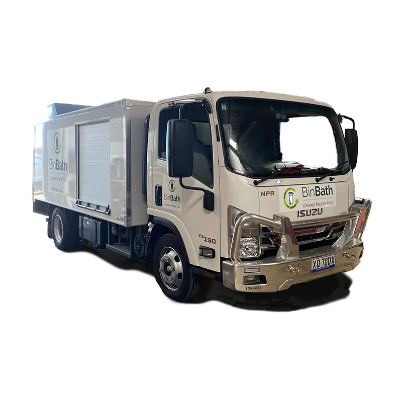 Bin Bath Perth's purpose-built Isuzu bin cleaning truck with enclosed wash bay